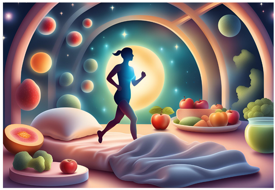 Logo for "healthitudeplus" depicting a silhouette of a person jogging amidst a dreamlike setting with fruits, vegetables, a bed, and celestial bodies, symbolizing the integration of physical, mental, and spiritual health.