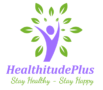 Logo of Healthitudeplus featuring a stylized purple figure in a yoga pose with the text "Healthitudeplus" and the slogan "Stay Healthy, Stay Happy," representing the focus on physical, mental, and spiritual health.