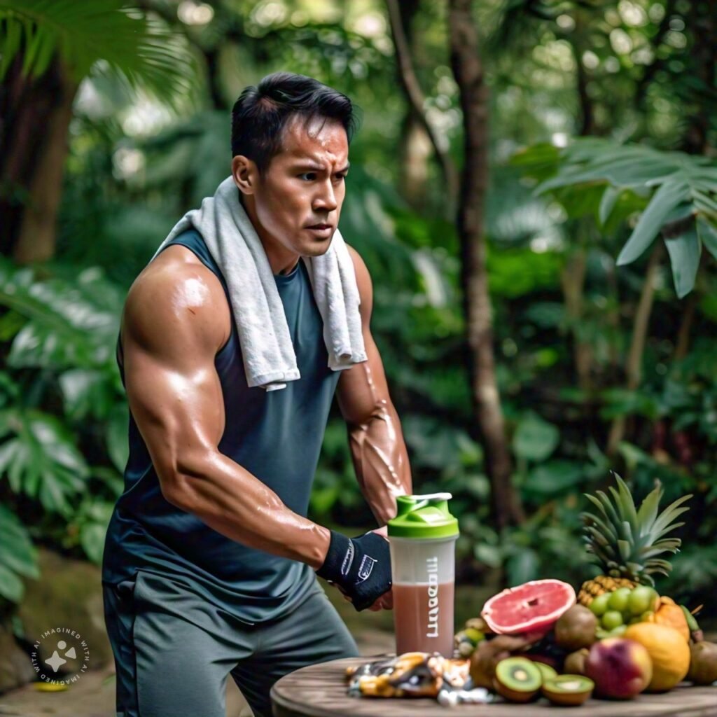 Fit man next to a table with fruits and a protein shake in a forest.