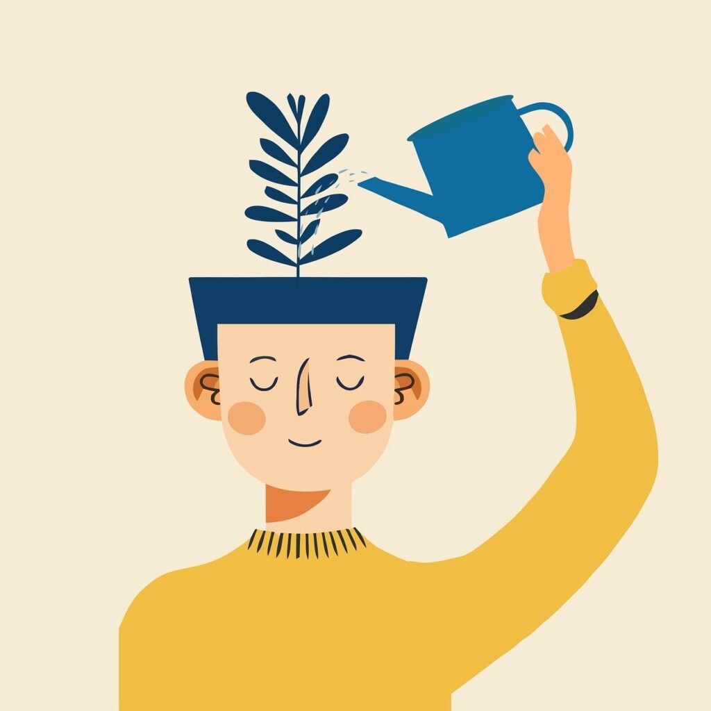 The image depicts a person watering a plant growing from their head, symbolizing self-care and mental growth, a relevant concept for the mental well-being of healthcare professionals in the NHS.