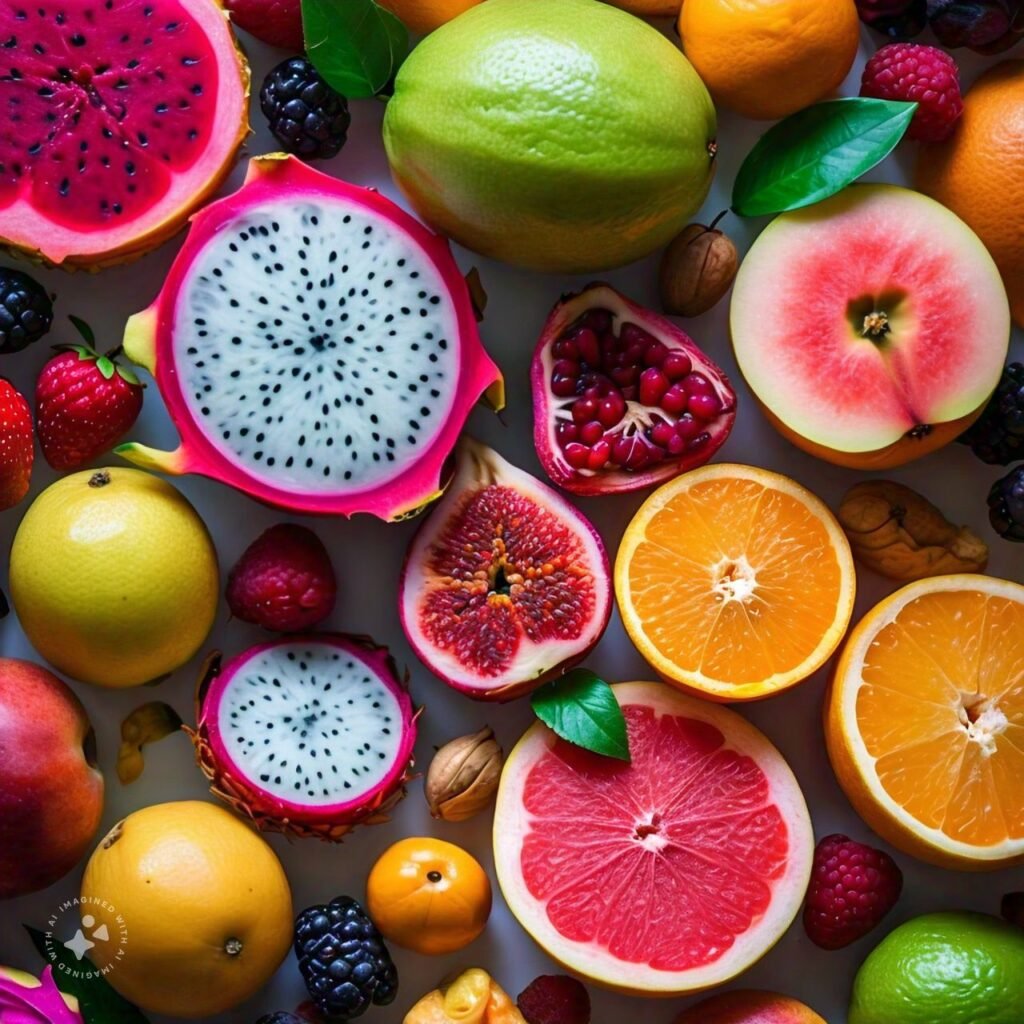 A vibrant assortment of fruits including dragon fruit, oranges, pomegranate, figs, grapefruit, peaches, and berries arranged in an aesthetically pleasing layout. The fruits are sliced and whole, showcasing their vibrant colors and textures.