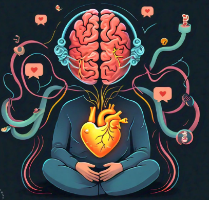 An illustration depicting the connection between the brain and the heart, symbolizing the impact of emotions on mental health. The brain is intricately connected to the heart through vibrant lines, with surrounding icons representing love, emotions, and communication.