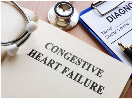 A medical document titled "Congestive Heart Failure" is placed on a desk alongside a stethoscope and a diagnosis form.